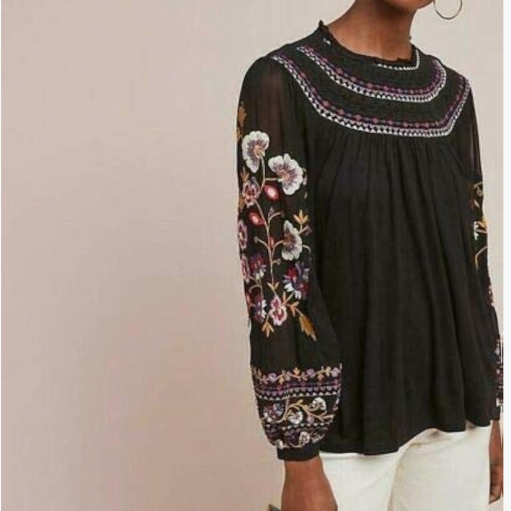 Akemi + Kin Louise Black Floral Embroidery Sheer Long Sleeve Boho Peasant Top - Picture 3 of 16